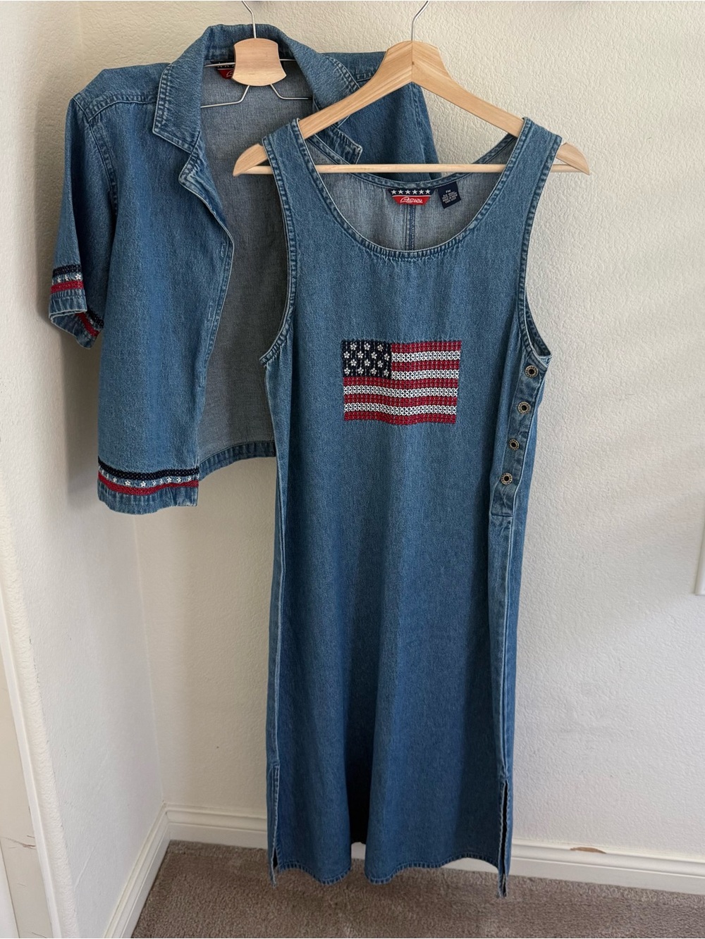 90s set American Flag Denim Jumper Dress Sleeveless midi Pinafore USA and shirt